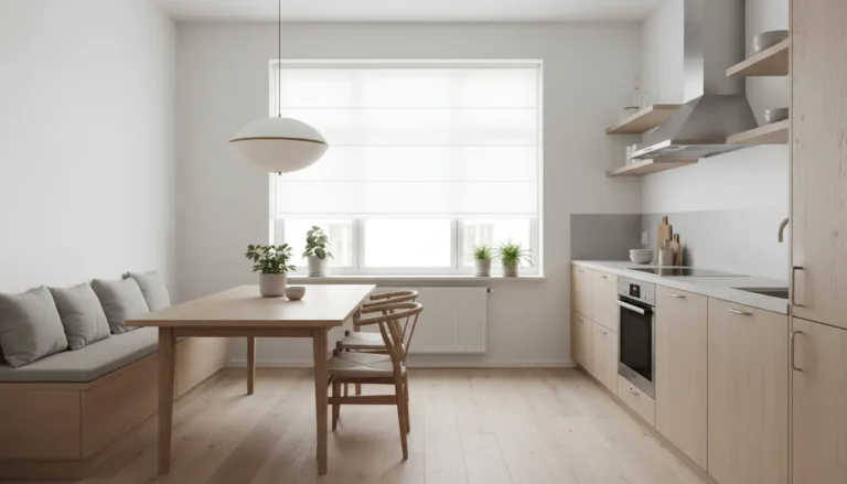 Rolety okienne do kuchni – co trzeba o nich wiedzieć 10 Rolety do kuchni – nowoczesna kuchnia z białymi roletami dzień-noc na dużym oknie, jasne skandynawskie wnętrze 2026