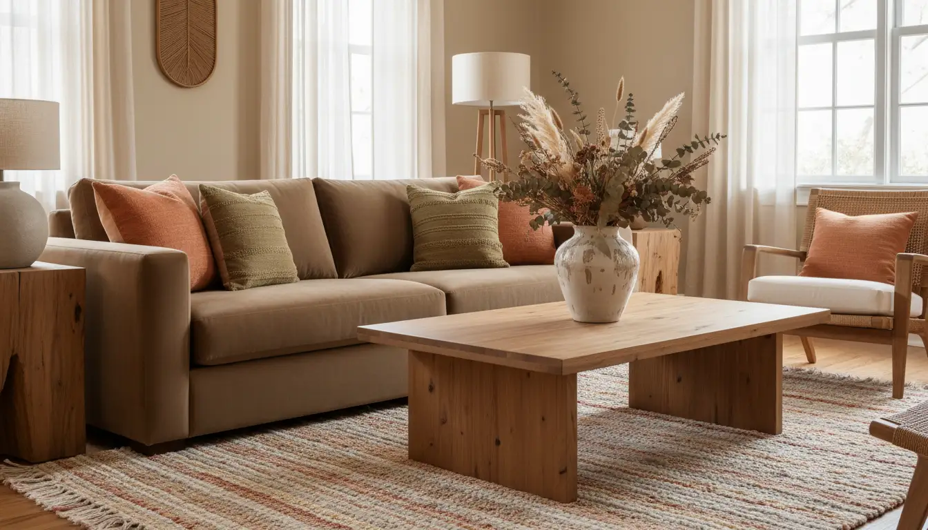 Salon w ciepłej palecie kolorów z beżowymi ścianami brązową welurową sofą i morelowymi poduszkami dekoracyjnymi