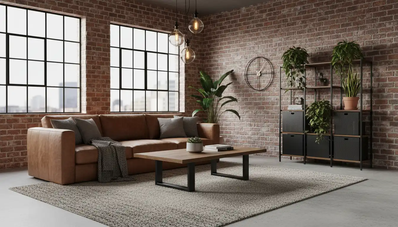 Salon w stylu industrialnym ze skórzaną sofą stolikiem kawowym z drewna i metalu oraz ceglaną ścianą w tle