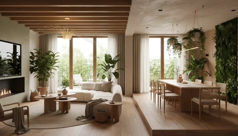 Salon z jadalnią – jak rozdzielić strefy w jednym pomieszczeniu 3 Nowoczesny salon z jadalnią z wyraźnym podziałem stref - meble modularne, inteligentne oświetlenie i naturalne materiały drewno w stylu 2026