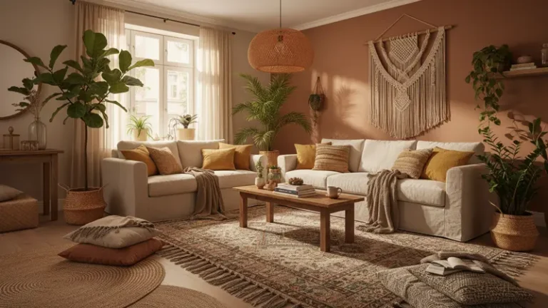 Salon w stylu boho – przytulne wnętrze z naturalnymi materiałami, ciepłymi kolorami i rattanową lampą