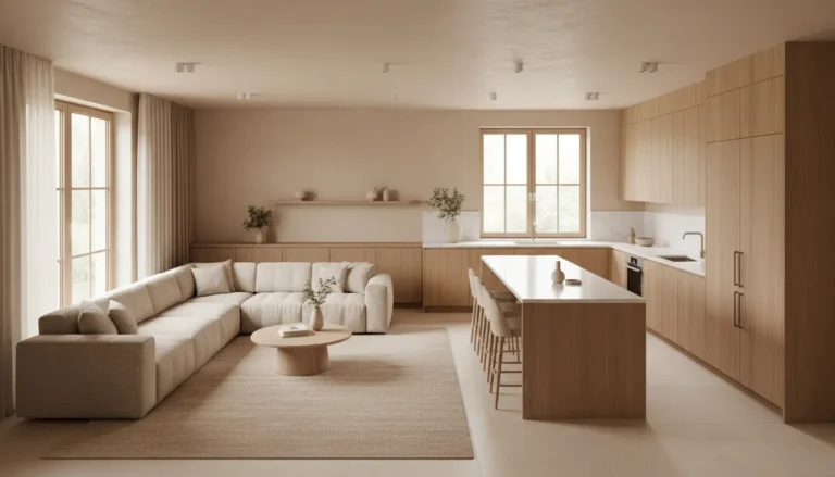 Jak urządzić salon z aneksem kuchennym – praktyczne porady 5 Nowoczesny salon z aneksem kuchennym w jasnych odcieniach beżu i drewna - widok na wyspę kuchenną, otwarty układ i przestronną aranżację