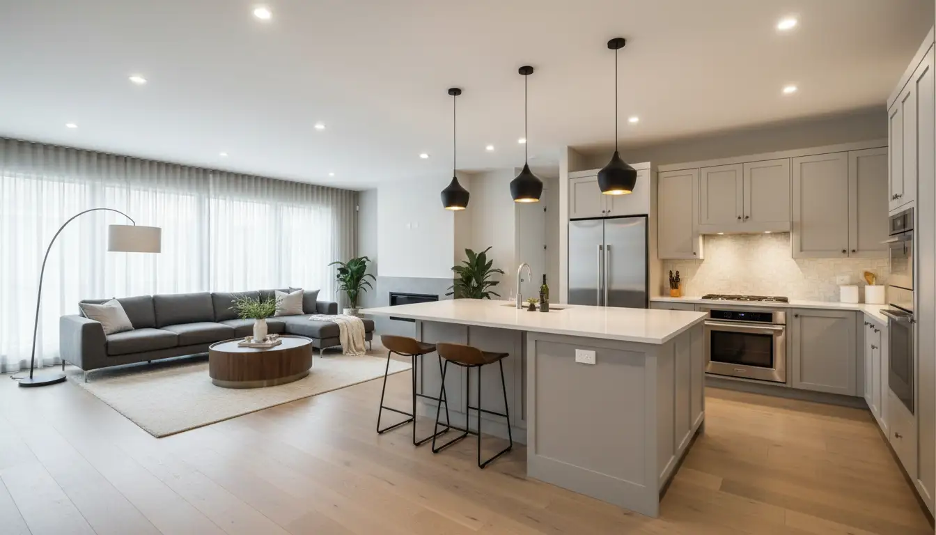 Salon z aneksem kuchennym z wyraźnym podziałem stref przy pomocy wyspy kuchennej i sofy narożnej oraz warstwowego oświetlenia