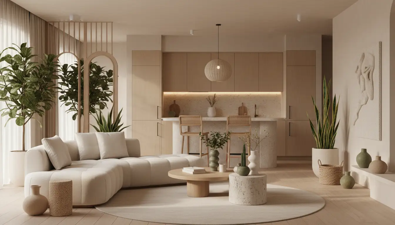 Salon z aneksem w stylu soft minimalism z naturalnymi materiałami drewnem i kamieniem zaokrąglonymi meblami i roślinami doniczkowymi