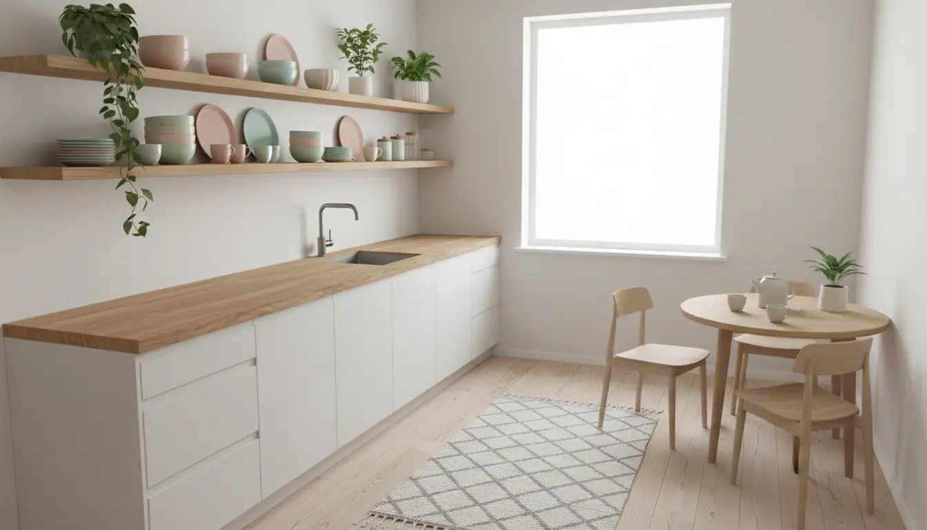 Najpiękniejsze aranżacje białych kuchni – inspiracje 4 Skandynawska biała kuchnia z drewnianym blatem otwartymi półkami z pastelową ceramiką i dużym oknem w stylu hygge