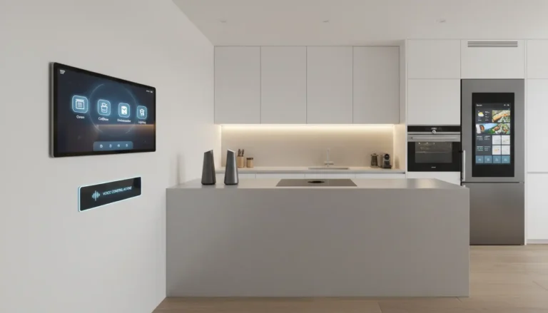 Nowoczesne technologie bezdotykowe w domu – komfort i higiena 8 Smart kuchnia z technologią IoT - inteligentna lodówka z ekranem dotykowym, sterowanie głosowe oświetleniem LED, nowoczesne systemy kuchenne