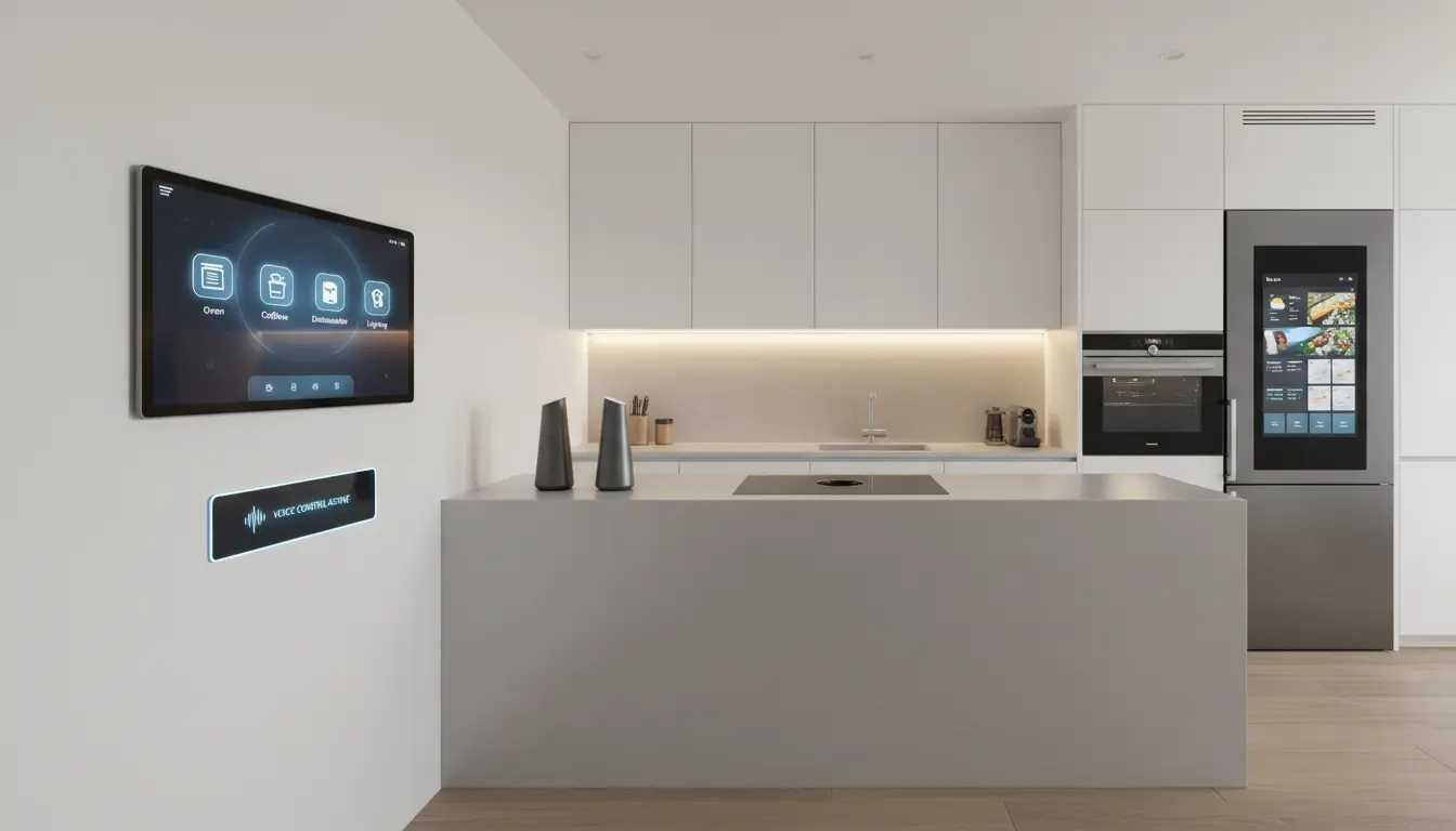 Smart kuchnia z technologią IoT - inteligentna lodówka z ekranem dotykowym, sterowanie głosowe oświetleniem LED, nowoczesne systemy kuchenne