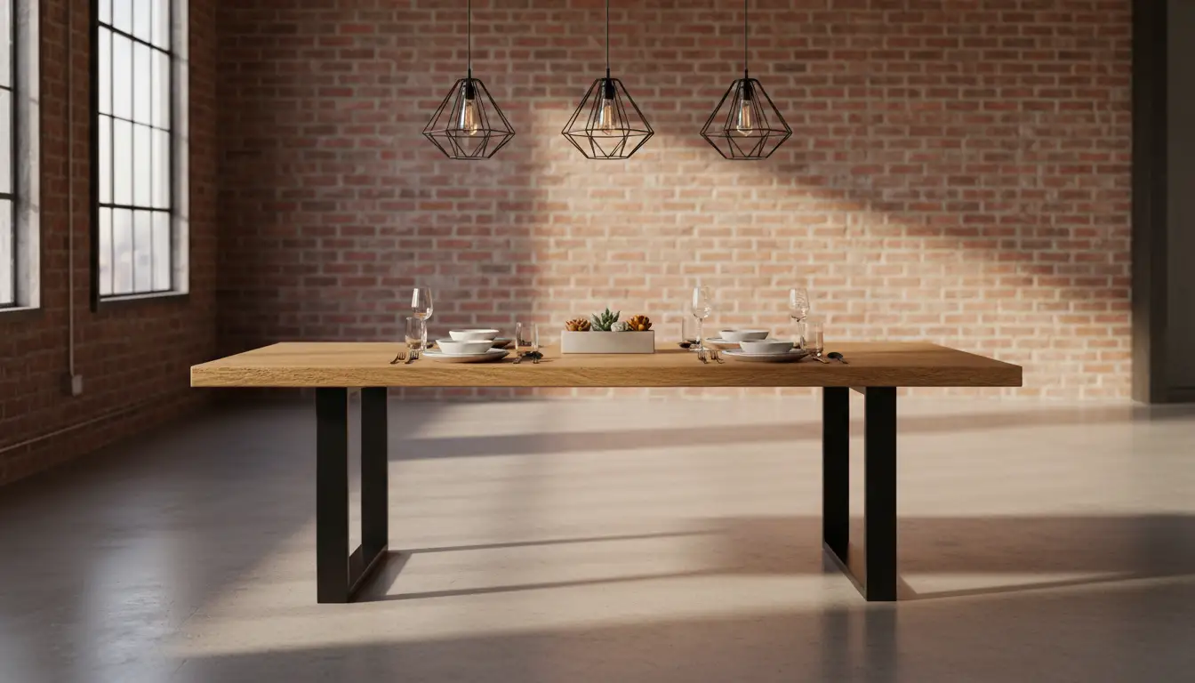 Industrialny stół jadalniany z masywnym drewnianym blatem dębowym na czarnych metalowych nogach w otwartej przestrzeni loftowej