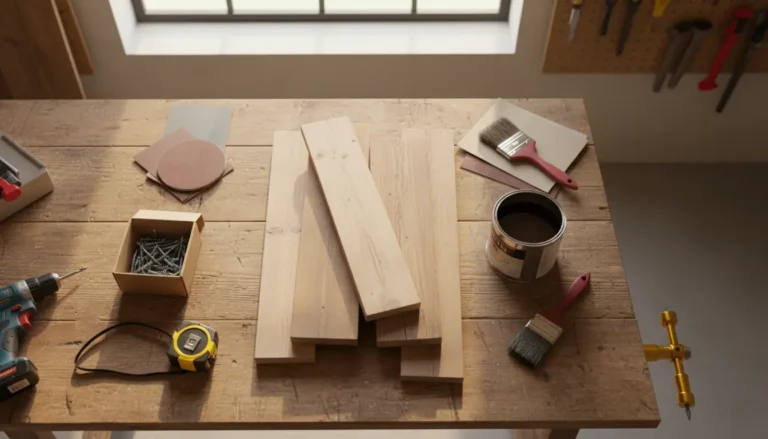 Materiały i narzędzia do wykonania stolika kawowego DIY krok po kroku - drewno, papier ścierny, pędzel i lakier