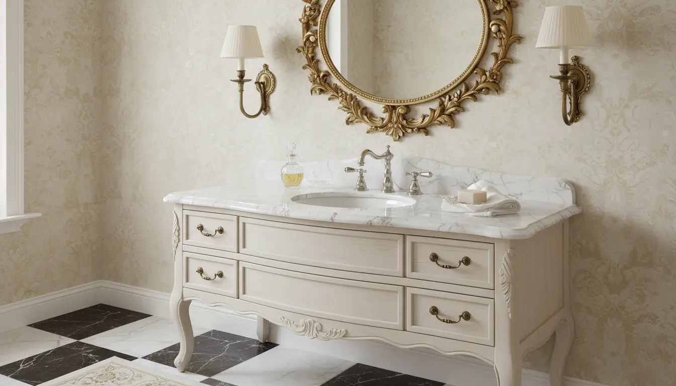 Strefa umywalkowa w łazience francuskiej z marmurowym blatem, drewnianą szafką na rzeźbionych nogach, lustrem w pozłacanej ramie i złotymi kinkietami - szczegóły francuskiego stylu