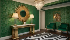 Styl art deco w aranżacji wnętrz - elegancki przedpokój ze złotym lustrem sunburst, konsolą z marmurowym blatem i geometryczną tapetą