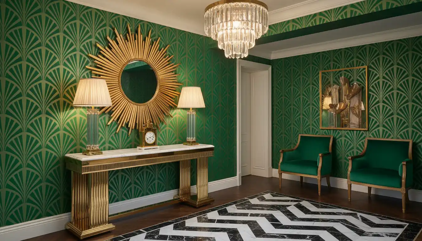 Styl art deco w aranżacji wnętrz - elegancki przedpokój ze złotym lustrem sunburst, konsolą z marmurowym blatem i geometryczną tapetą