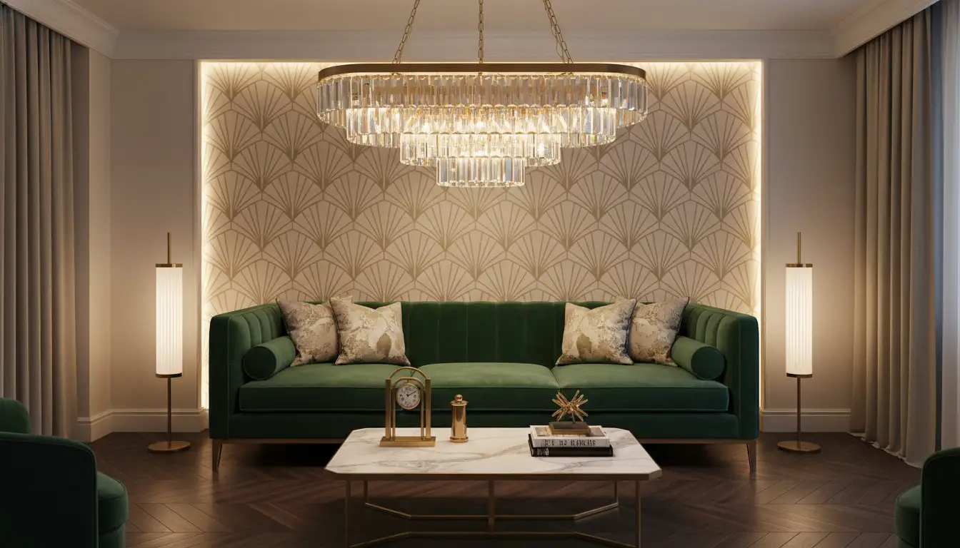 Styl art deco w aranżacji wnętrz – inspiracje i porady 2 Salon w stylu art deco z aksamitną sofą w kolorze szmaragdowym, złotymi akcentami, geometryczną tapetą i kryształowym żyrandolem