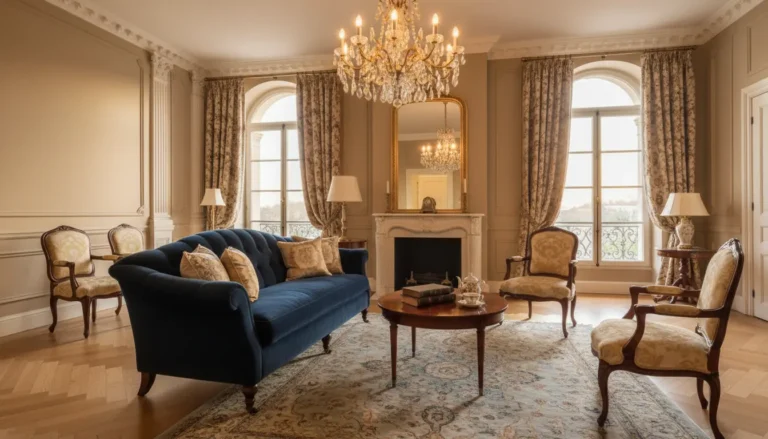 Elegancki salon w stylu klasycznym z parkietem jodełka, beżowymi ścianami, granatową sofą i kryształowym żyrandolem - nowoczesna aranżacja klasycznego wnętrza