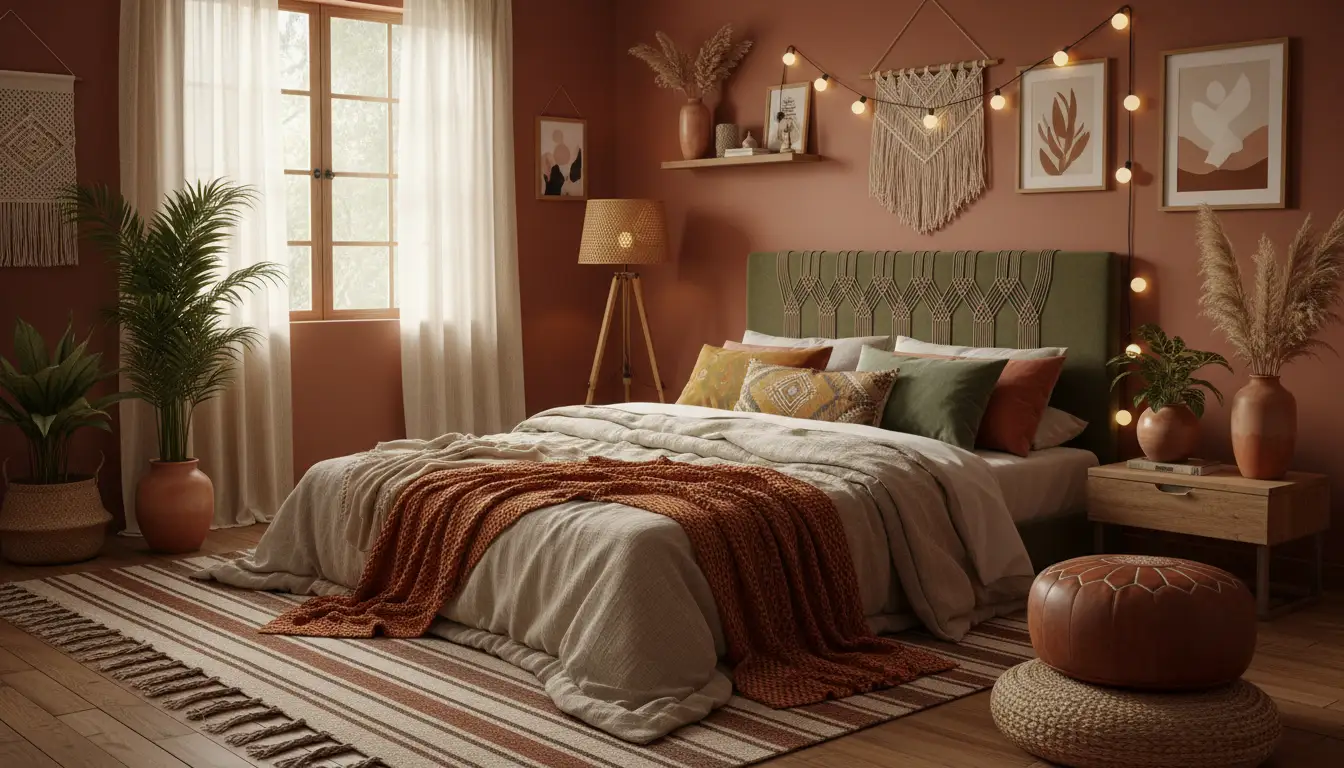 Sypialnia w stylu boho z ciepłą paletą kolorystyczną – terrakota oliwkowa zieleń beżowe odcienie warstwowe tekstylia na łóżku