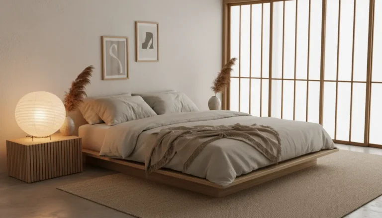 Sypialnia w stylu japandi z niskim łóżkiem, lnianą pościelą, drewnianym stolikiem nocnym i lampionem z papieru ryżowego w ciepłych neutralnych kolorach