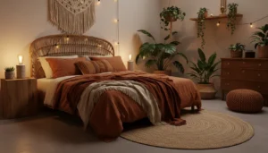 Przytulna sypialnia w stylu boho z ciepłymi tkaninami – wełniane rzuty lniana pościel rattanowy zagłówek rośliny doniczkowe makrama na ścianie w kolorach terrakoty i beżu