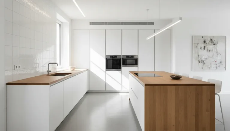 Nowoczesne systemy kuchenne modułowe z zabudowanymi urządzeniami AGD w białej kuchni z drewnianym blatem - styl minimalistyczny 2026