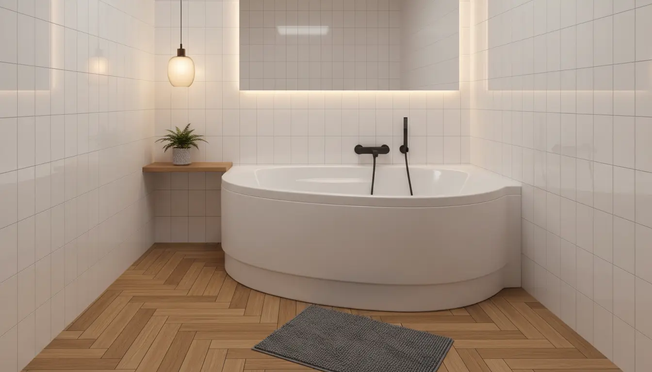 Mała łazienka z asymetryczną wanną narożną zabudowaną płytkami drewnopodobnymi w ciepłym odcieniu dębu, białe płytki ceramiczne na ścianach i czarna bateria wannowo-prysznicowa w nowoczesnym stylu skandynawskim