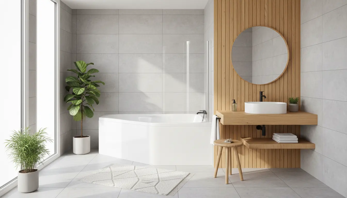 Jasna skandynawska łazienka z wanną narożną wyposażoną w białą obudowę akrylową, drewniane akcenty w postaci szafki i dodatków, minimalistyczny styl z naturalnymi materiałami i delikatnym oświetleniem