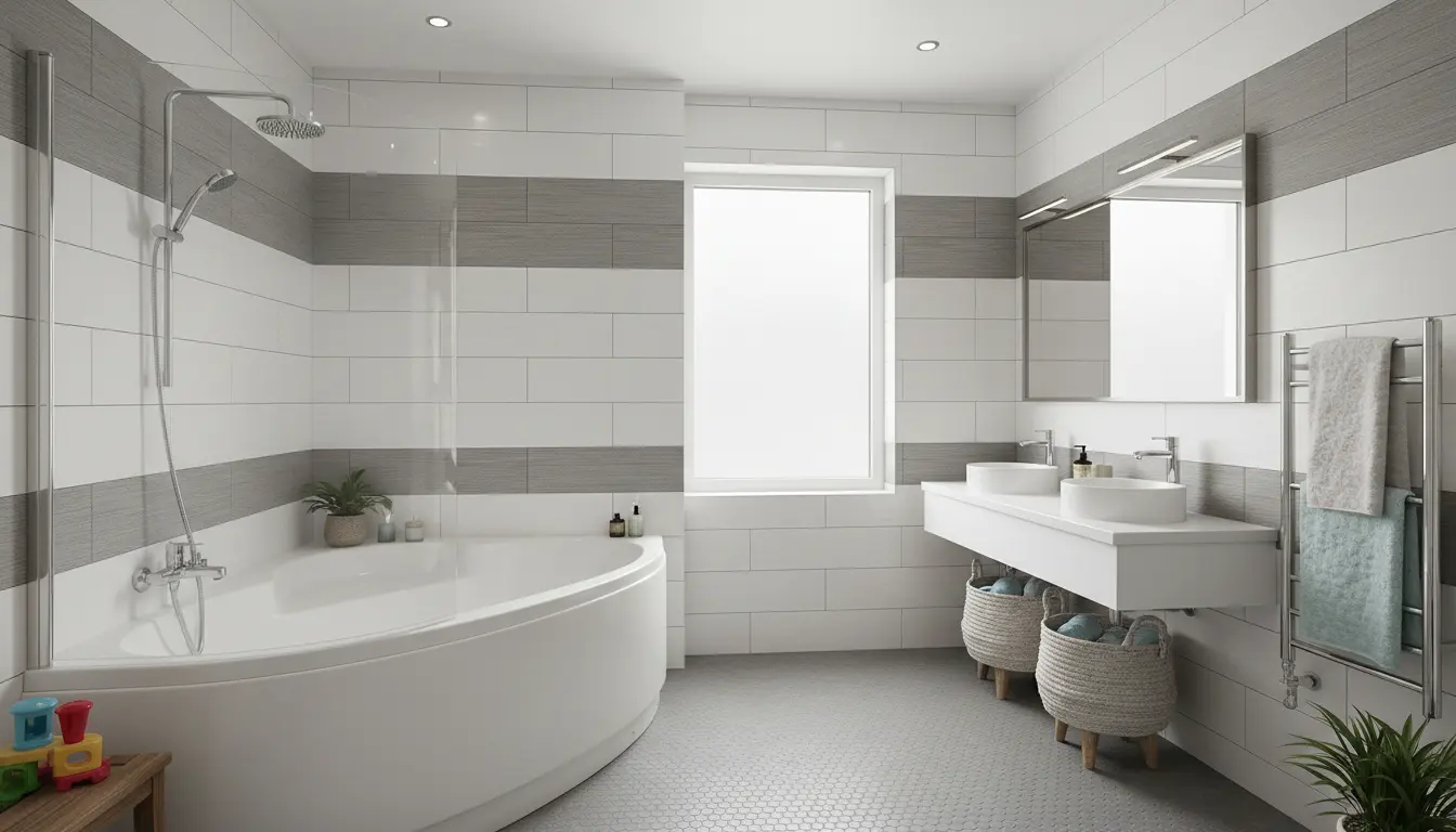 Nowoczesna łazienka rodzinna z wanną narożną wyposażoną w szklany parawan nawannowy i chromowaną baterię wannowo-prysznicową, białe i szare płytki ceramiczne tworzą funkcjonalną przestrzeń 2w1