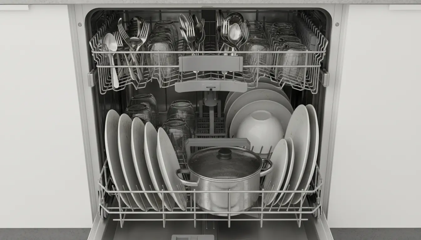 Wnętrze otwartej zmywarki do zabudowy z trzema koszami, szuflada na sztućce w górnej części, białe naczynia i garnki, widok z góry