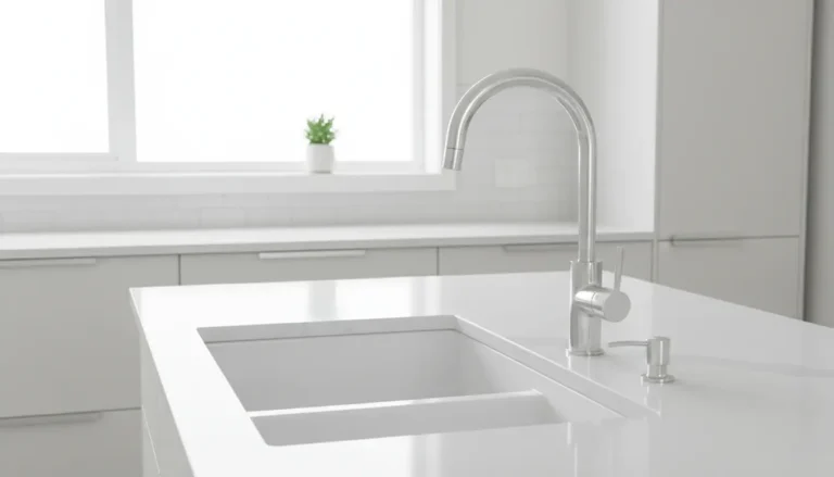 Jak dobrać idealną wylewkę do baterii kuchennej 11 Nowoczesna wylewka baterii kuchennej w kolorze srebrnym chromowanym nad białym zlewozmywakiem - minimalistyczny styl w jasnej kuchni 2026