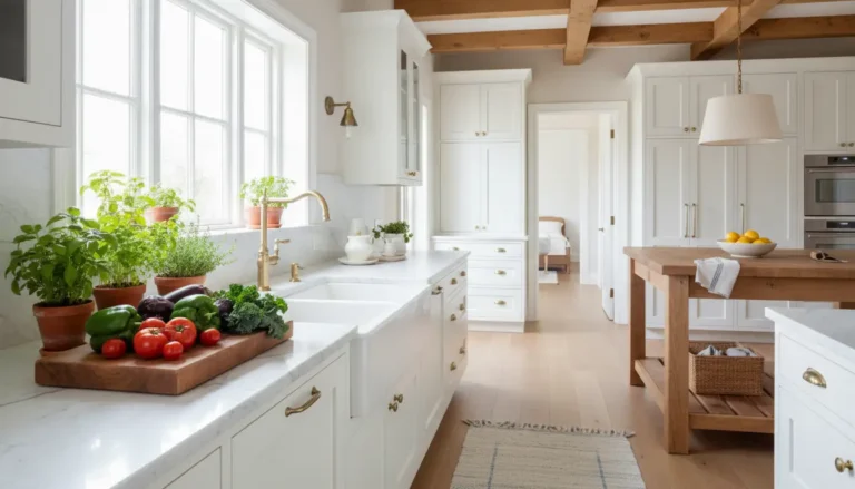 Elegancki zlewozmywak farmerski w jasnej kuchni z mosiężną baterią i świeżymi ziołami – inspiracja wnętrzarska