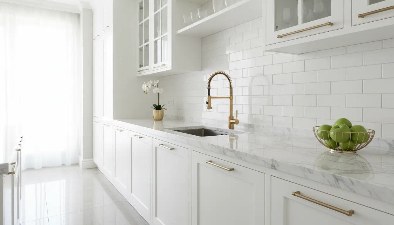 Złota szczotkowana bateria kuchenna kolorowa na tle białego marmurowego blatu i białych szafek — luksusowa kuchnia w stylu glamour