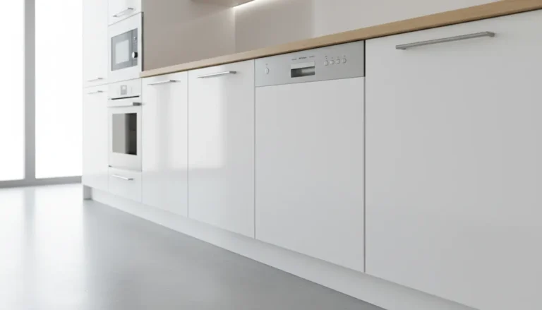 Nowoczesna biała kuchnia z zabudowaną zmywarką do zabudowy 60 cm, srebrna rękojeść, eleganckie fronty szafek i drewniany blat roboczy