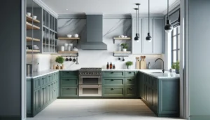 Nowoczesna kuchnia z dolnymi szafkami w kolorze butelkowej zieleni, białymi marmurowymi blatami, czarną armaturą i otwartymi drewnianymi półkami – stylowy i praktyczny design