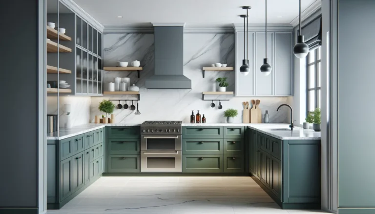 Nowoczesna kuchnia z dolnymi szafkami w kolorze butelkowej zieleni, białymi marmurowymi blatami, czarną armaturą i otwartymi drewnianymi półkami – stylowy i praktyczny design