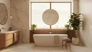 Łazienka w stylu hotelowym z wolnostojącą wanną owalną, marmurowymi płytkami, drewnianymi akcentami i roślinami doniczkowymi w minimalistycznym designie