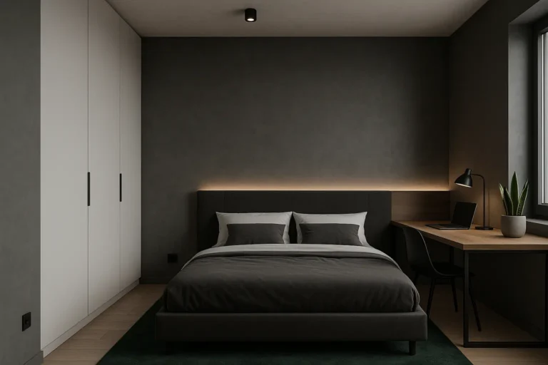 Minimalistyczny męski pokój z grafitowymi ścianami, tapicerowanym łóżkiem, taśmami LED i drewnianym biurkiem – nowoczesna funkcjonalność i elegancja