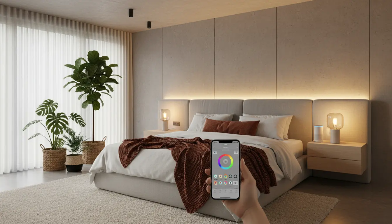 Inteligentna sypialnia z bezdotykowymi technologiami i automatyką smart home - sterowanie oświetleniem LED aplikacją