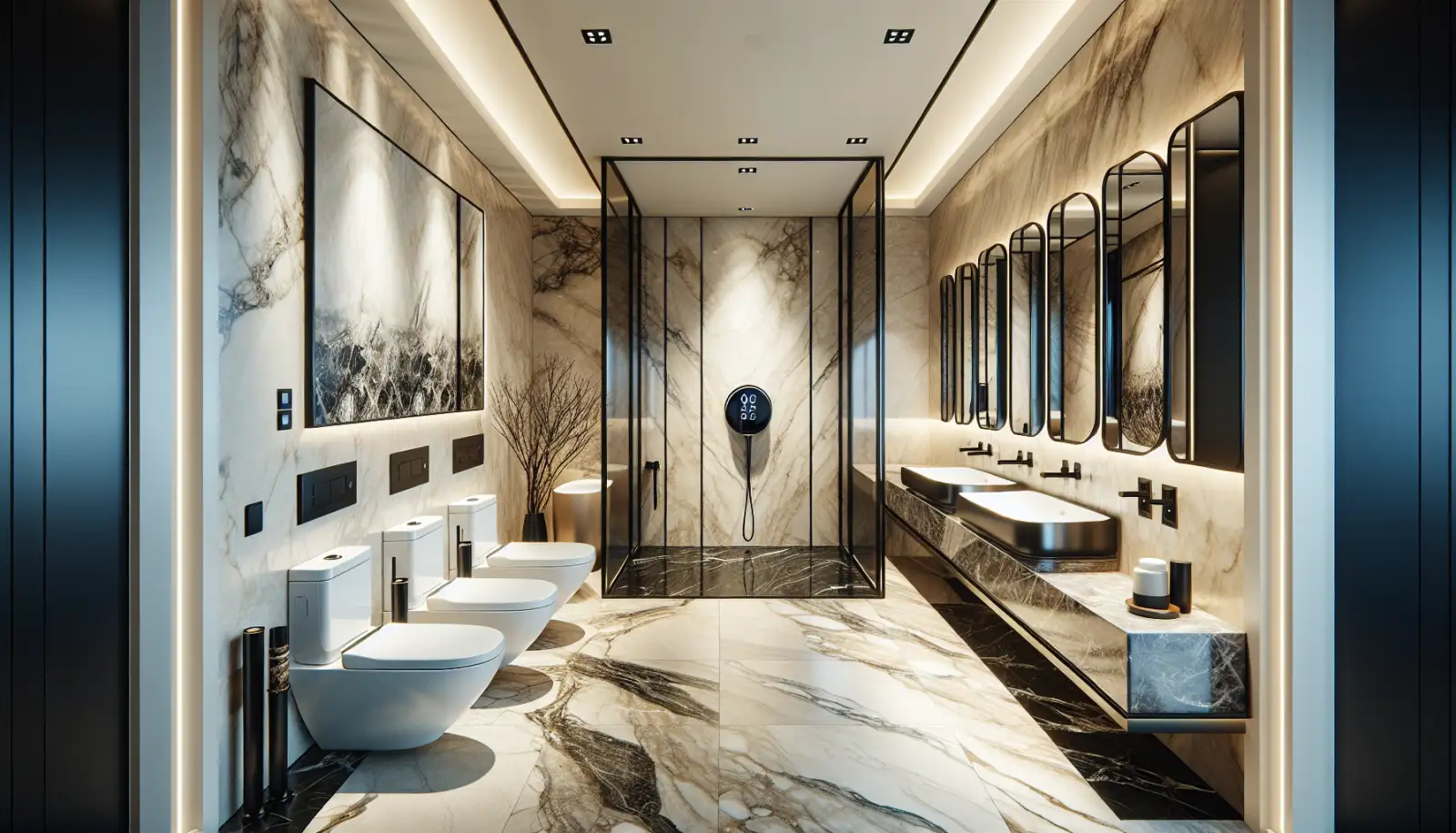 Elegancka łazienka hotelowa z luksusową toaletą myjącą – marmurowe płytki z czarnymi akcentami metalowymi, nowoczesny wystrój premium