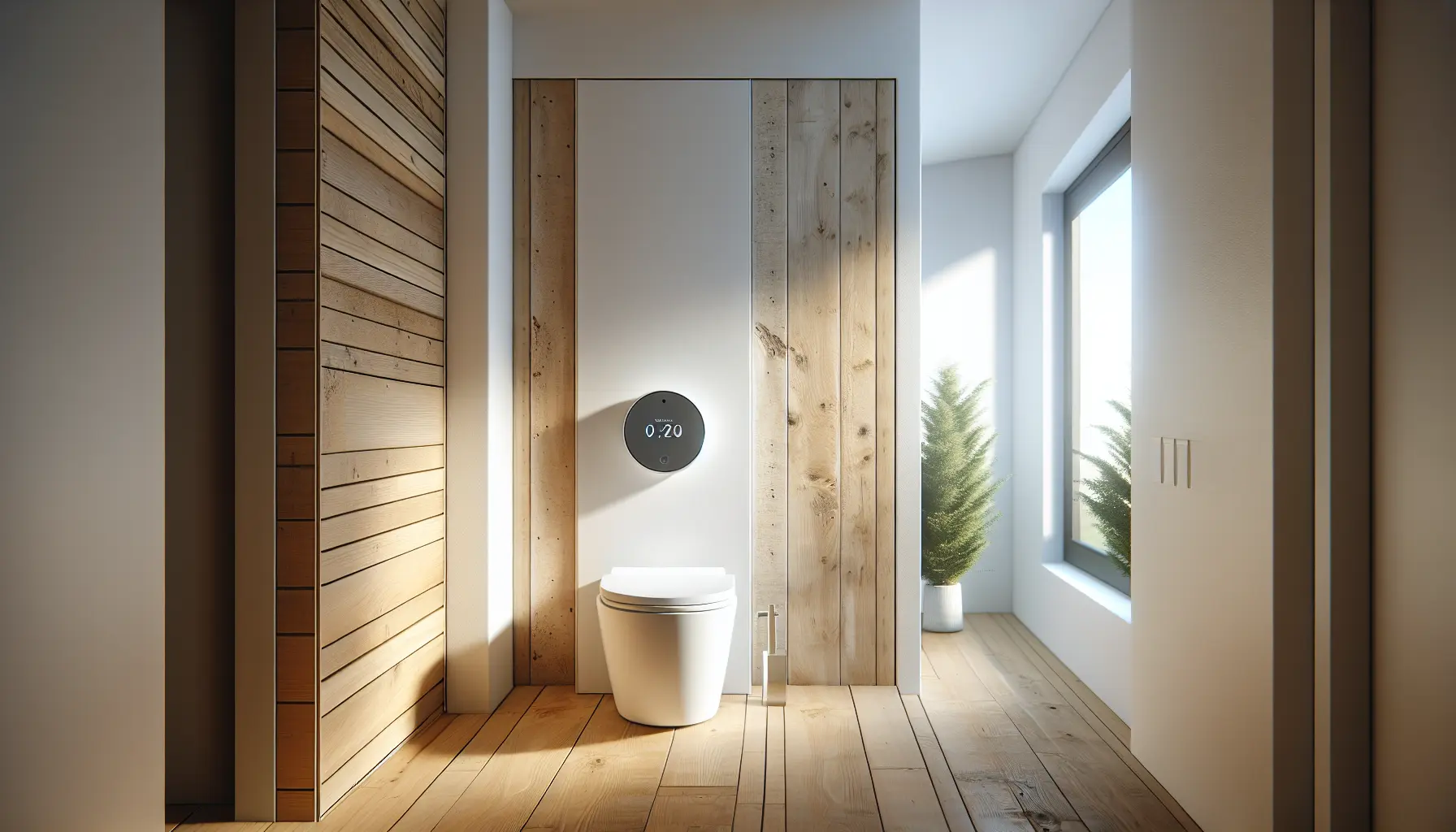 Nowoczesna łazienka z podwieszoną toaletą myjącą w stylu minimalistycznym – białe ściany z drewnianymi akcentami, naturalne światło, skandynawski design 2026