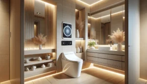 Współczesna łazienka z toaletą myjącą i drewnianymi elementami – beżowe ściany z oświetleniem LED, elegancki design rezydencjalny