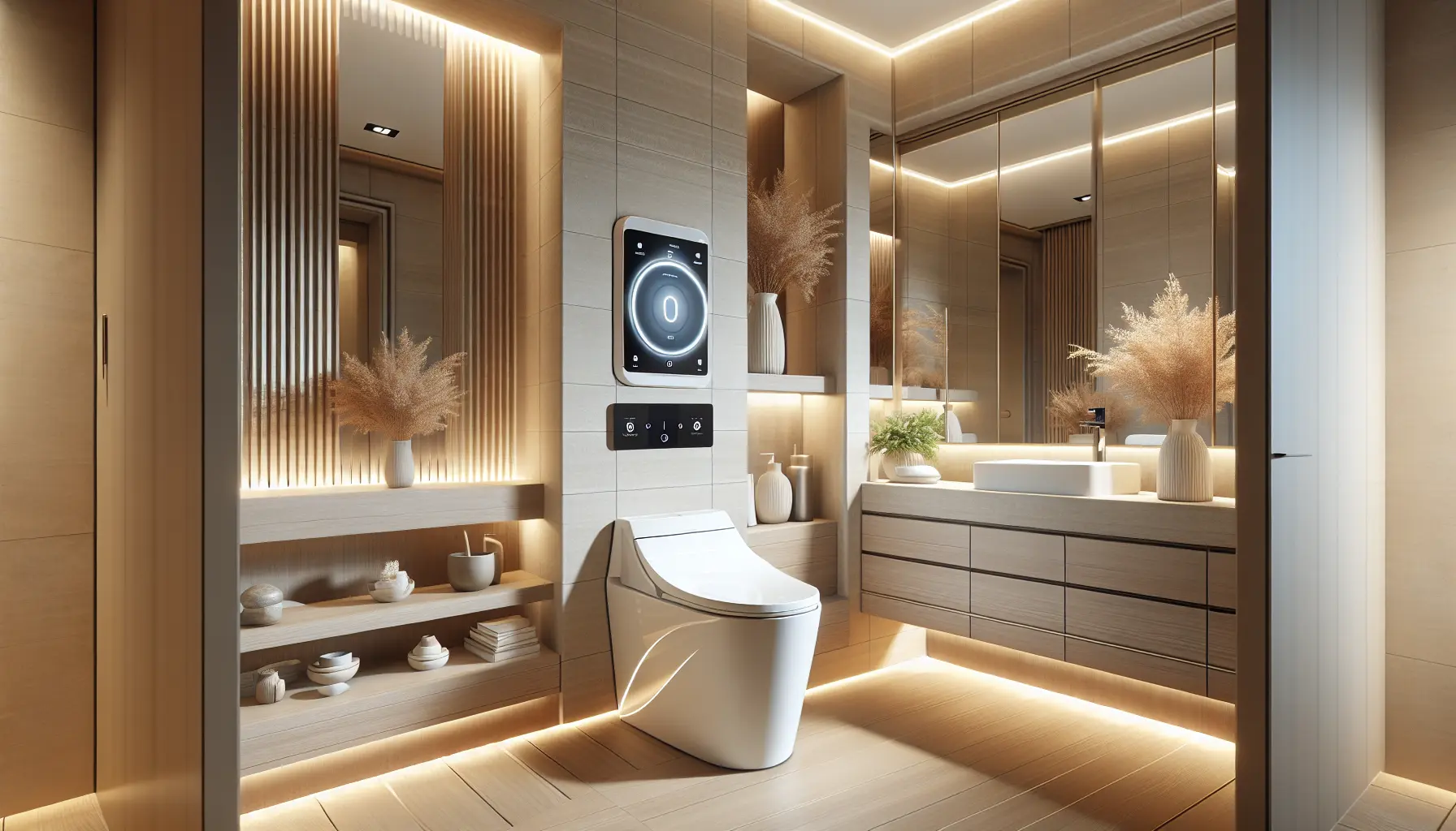 Współczesna łazienka z toaletą myjącą i drewnianymi elementami – beżowe ściany z oświetleniem LED, elegancki design rezydencjalny