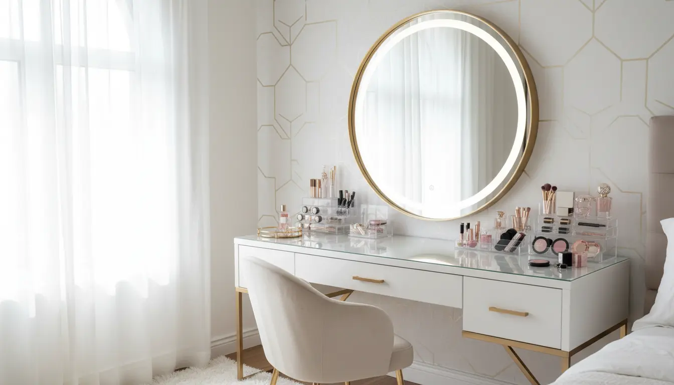 Nowoczesna toaletka w sypialni w stylu glamour z dużym lustrem LED, welurowym krzesłem i organizerem na kosmetyki z białymi meblami i złotymi akcentami – inspiracja na kącik do makijażu