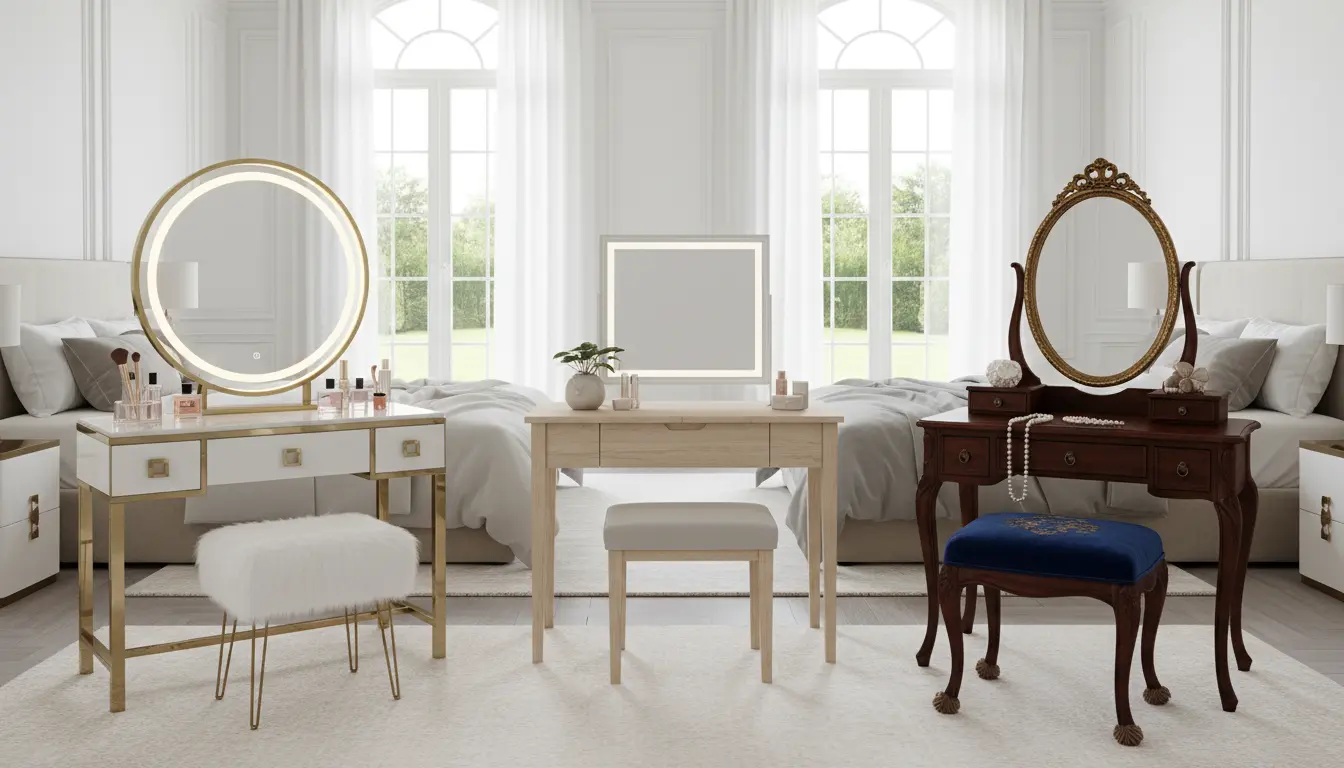 Toaletka w sypialni w różnych stylach aranżacyjnych – glamour ze złotymi akcentami, minimalistyczna skandynawska i klasyczna z ozdobnymi nóżkami zestawione w jednym eleganckim wnętrzu