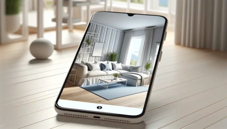 Nowoczesny smartfon z aplikacją do projektowania wnętrz pokazującą wizualizację 3D salonu w stylu skandynawskim – przykład pracy z Room Planner i Planner 5D