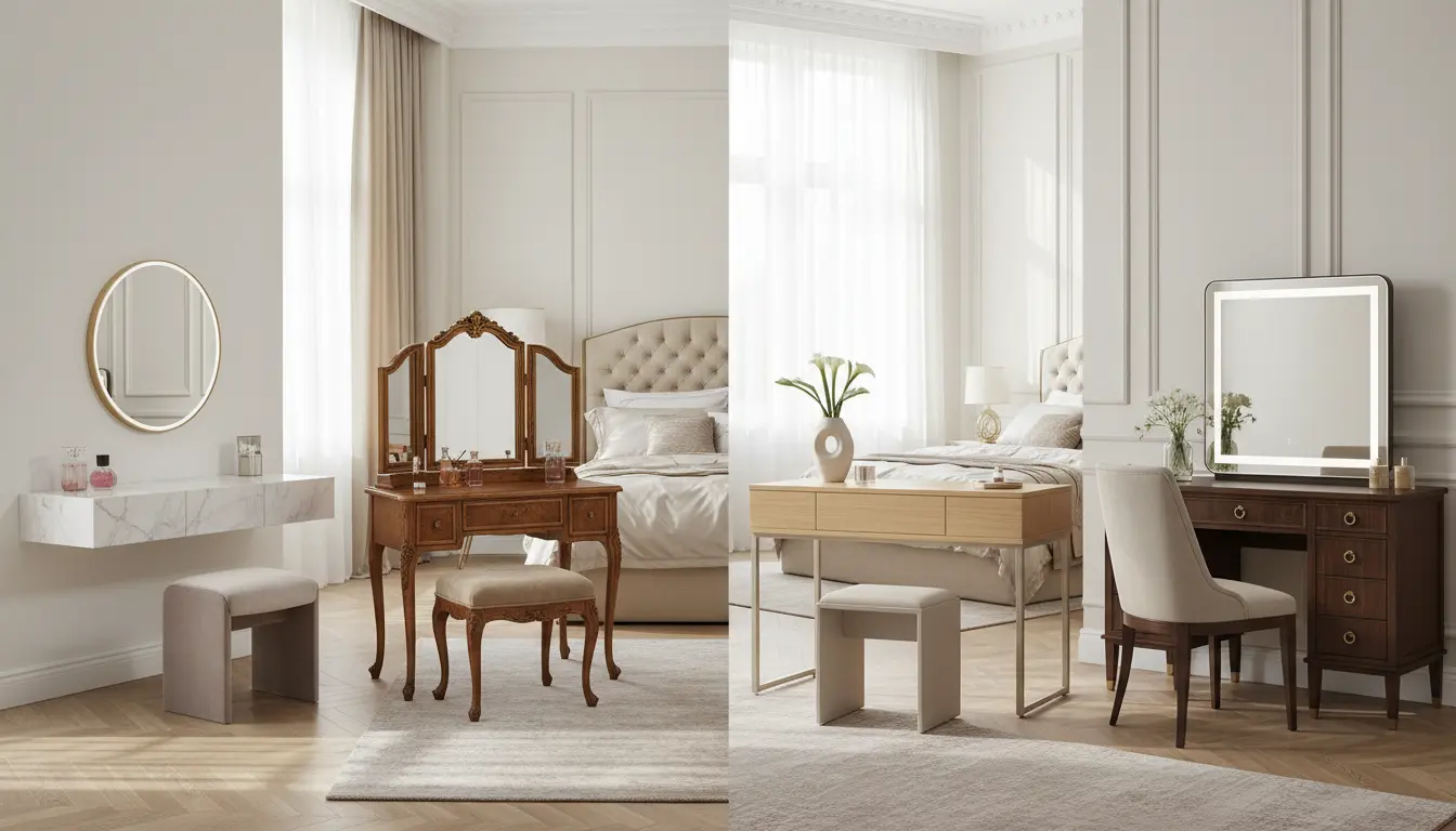 Porównanie różnych typów toaletek do sypialni – wisząca konsola, klasyczna z lustrem, minimalistyczna bez lustra i toaletka z szufladami w eleganckim wnętrzu sypialni 2026