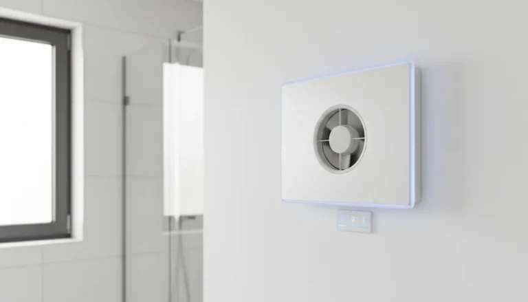 Nowoczesny wentylator łazienkowy w minimalistycznej białej łazience - efektywna wentylacja z dyskretnym designem premium