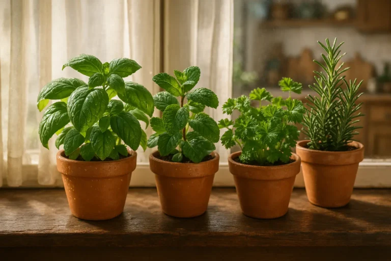 Zioła kulinarne w doniczkach na parapecie kuchennym: bazylia, mięta, pietruszka, rozmaryn – praktyczne rośliny doniczkowe do kuchni 2026, naturalne światło i przytulna atmosfera