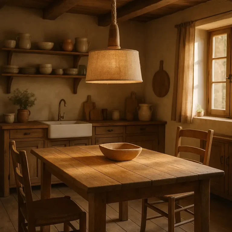 Lampy rustykalne nad drewnianym stołem w wiejskiej kuchni z naturalnym światłem i lnianymi dodatkami