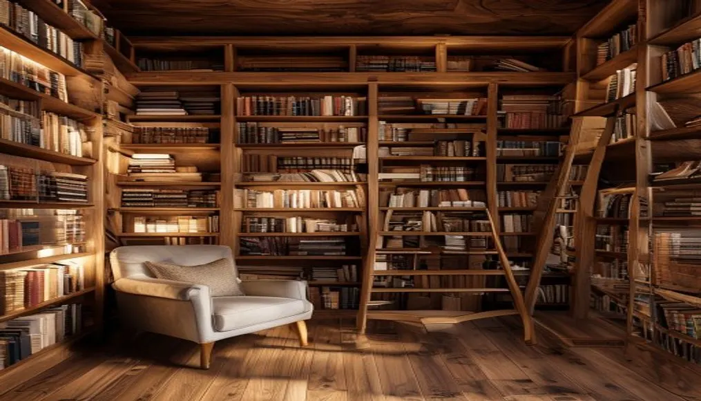 Library wrap - domowa biblioteka z regałami od podłogi do sufitu otaczającymi cały pokój, drewniana drabina i ciepłe światło, skandynawski klimat