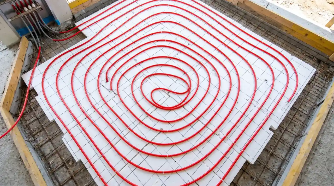 Instalacja ogrzewania podłogowego – rury PEX rozłożone na izolacji przed zalaniem jastrychem
