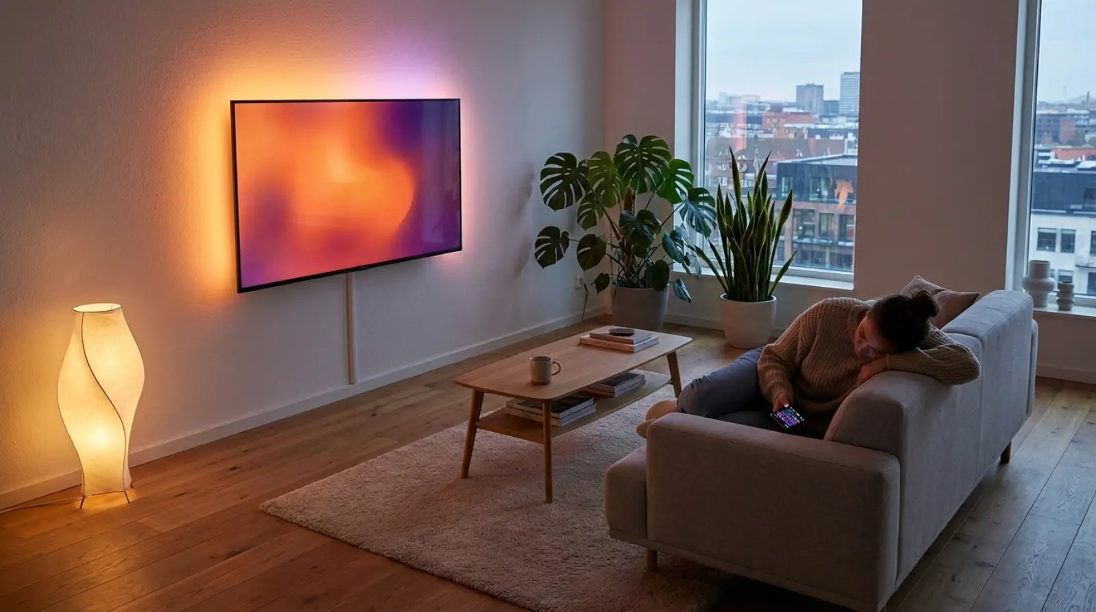 Inteligentne oświetlenie – jak sterować światłem przez telefon 2 Nowoczesny salon wieczorem z inteligentnym oświetleniem - osoba z telefonem na kanapie i taśma LED RGB za telewizorem w odcieniach pomarańczu