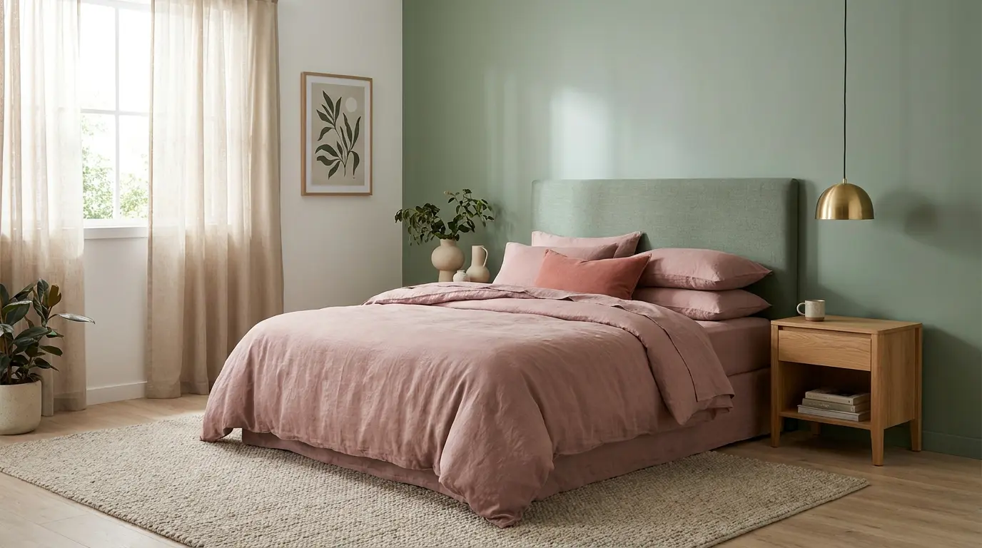 Sypialnia w paleta kolorów Pantone - sage green ściana akcentowa, dusty rose pościel, tea rose poduszki, biel Cloud Dancer, drewno dębowe